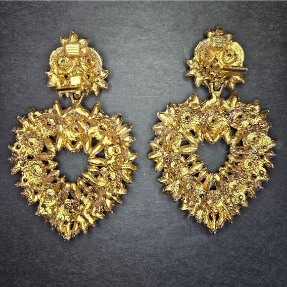 Vintage Thelma Deutsch Signed Large Rhinestone Open Heart Clip Dangle Earrings - Picture 11 of 12